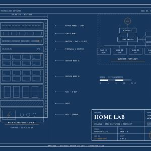 Home Lab Blueprint — blueprint-style line art of a 12U server rack elevation and network topology rendered in classic drafting style. InkForge digital download.